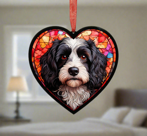 Cavapoo Black & White Stained Glass Effect Heart Suncatcher